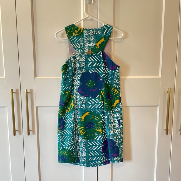 Anthropologie Teal Multi Graphic Hibiscus Shift Dress - Picture 3 of 5